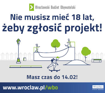 Plakat zachęcający do zgłaszania projektów do Wrocławskiego Budżetu Obywatelskiego. Widać na nim narysowany skatepark i drzewa.